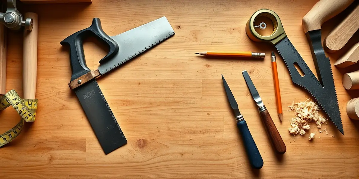 Imagen principal con conjunto de herramientas básicas de carpintería sobre mesa de trabajo